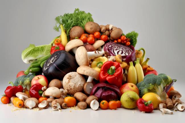 Selection of fresh fruits and vegetables piled on a table