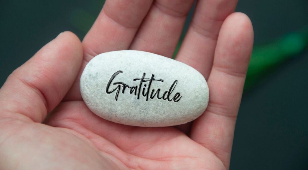 Hand holding Zen stone with Gratitude text engraved on the stone.