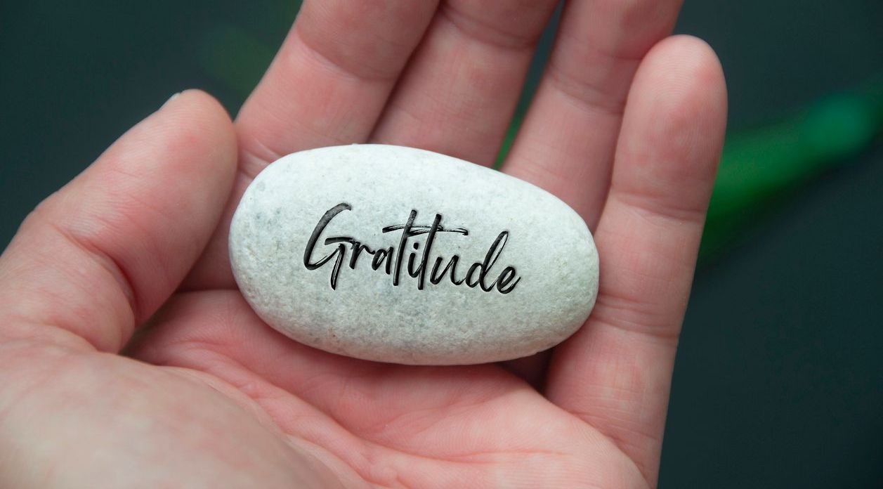 Hand holding Zen stone with Gratitude text engraved on the stone.